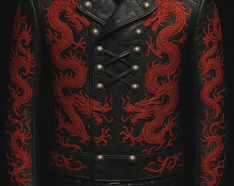 Black Leather Dragon Embroidered Jacket, Gothic Biker Coat, Handmade Red Embroidery, Steampunk Cosplay, Custom Festival Outerwear