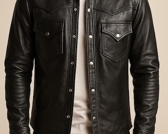 Handmade Black Leather Shirt Jacket – Western Cowboy Style