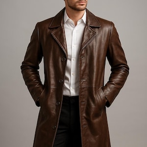 Men’s Brown Leather Trench Coat – Long Genuine Leather Overcoat, Vintage Distressed Jacket, Classic Men’s Outerwear, Handmade Gift for Him