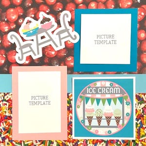 May include: A scrapbook page with two picture templates, one pink and one blue. The page also features a sticker of a table with two chairs and ice cream cones, and a sticker of an ice cream stand with the text "Ice Cream". The background is a red and white cranberry pattern with colorful sprinkles.