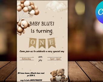 Einladung zum 1. Geburtstag mit Teddybär: Beige-neutrales Design (Digitaler Download)