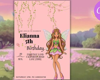 Feengeburtstagseinladung, rosa florale Gartenparty-Einladung (Digitaler Download)