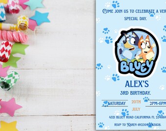 Bluey-Geburtstagseinladung, Cartoon-Einladung zur Heeler-Hundeparty, bearbeitbare Vorlage für Kinder zum Ausdrucken (digitaler Download)