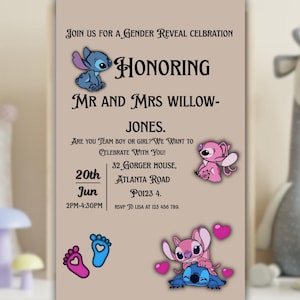 Gender Reveal-uitnodiging Stitch & Angel – bewerkbare canvassjabloon | Roze of blauwe uitnodigingskaart voor babyshower.