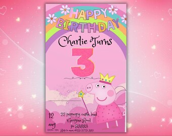 Einladung zum 3. Geburtstag einer Prinzessin mit rosa Schweinchen | Märchenparty (Digitaler Download)
