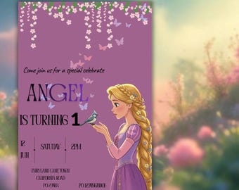 Verzauberte Rapunzel Prinzessin Einladung Erste Geburtstagsfeier InviteBearbeitbare Märchenfeier Vorlage
