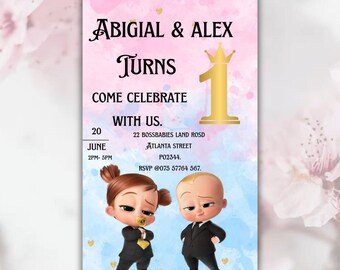 Bearbeitbare Einladung zum ersten Geburtstag im Baby-Business-Stil | Rosa-blaue Aquarellfarben | Digitale Geburtstagseinladung