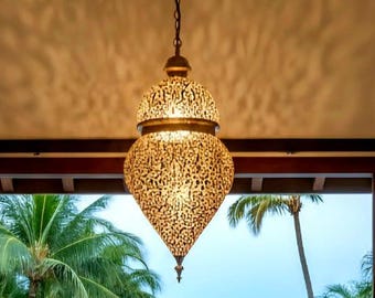 Der Atlantische Traum: Große marokkanische Tropfen-Pendelleuchte, Filigranleuchte aus Messing mit 360-Grad-Schattenwurf, Kronleuchter, Designerlampe