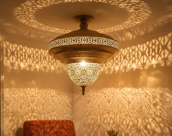 Imperialer Messing-Kronleuchter, 60 cm, marokkanische Halbdeckenleuchte, Schattenwurf mit Doppelmuster für großen Eingangsbereich