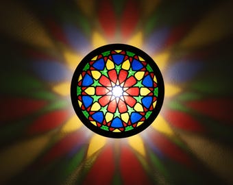 Das Casablanca Mandala: Runde marokkanische Buntglaslampe, bunte Lichtprojektion, böhmische Wandkunstlampe