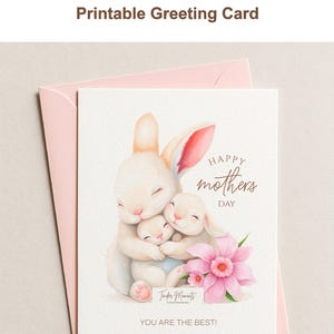 Tarjeta imprimible del Día de la Madre con abrazos de animales, conejitos y momentos tiernos. Descarga digital.
