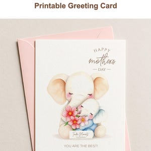 Tarjeta imprimible del Día de la Madre con abrazos de animales, elefantes y momentos tiernos. Descarga digital.