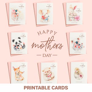 Biglietto d'auguri stampabile per la festa della mamma con teneri abbracci di animali e teneri momenti di tenerezza, download digitale
