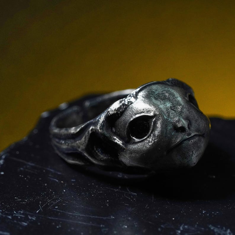 May include: A silver-toned metal ring featuring a sculpted animal head with deep-set, dark eye sockets and a textured, weathered finish. The band is integrated into the sculptural design, showcasing intricate details and a dark, oxidized appearance.