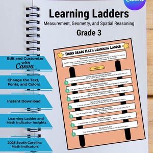 May include: A spiral-bound educational document titled "Learning Ladders" for Grade 3 math. The document features a peach-colored learning ladder with numbered steps and text describing math concepts. The Canva logo is visible in the upper right corner.
