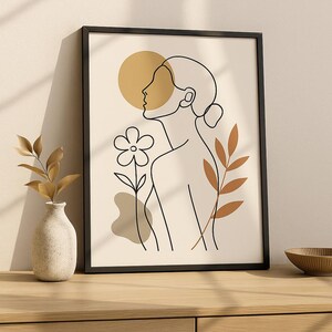Pôster Boho Line Art – Retrato feminino abstrato com detalhes florais | Minimalismo escandinavo em tons de terra