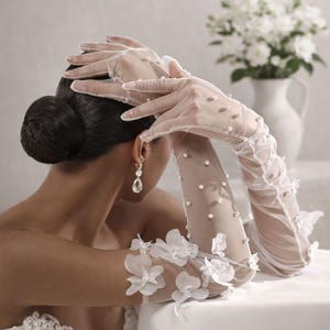 Bridal Fingerless Gloves, Fingerless Bridal Opera Length, Pearl Tulle Wedding Gloves, Sheer Opera Length Gloves, Wedding Sleeve Shrug,