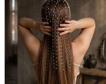 Elegante fascia per capelli con nappe di perle, tiara da sposa, catena per capelli da sposa dorata, copricapo con nappe in rete, accessorio per capelli da sposa boho, gioiello per capelli di tendenza