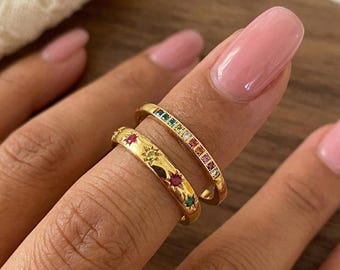 Birthstone Star Ring, Personalized Family Ring, Gold Plated Stackable Ring, Celestial Jewelry, Mom Gift, Anniversary Gift for her