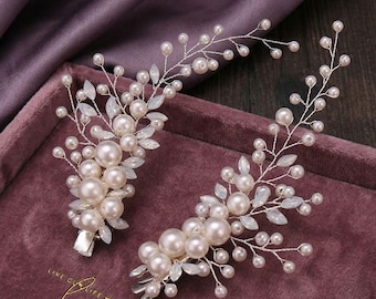 Silver Color Pearls Tiara Hairgrips Clips Handmade Milk Crystal Hairbands Wedding Bridal Headpiece Women Hair Accessories
