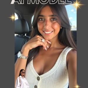 May include: A digital guide cover with the text "AI MODEL" and "FOR YOUR BUSINESS CONTENT CREATOR". The image features a smiling person wearing a white top and a watch. The background is a car interior.