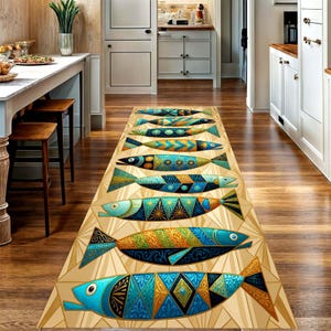 May include: A hallway runner rug with a repeating pattern of colourful, stylized fish. The fish designs include blue, green, and gold, set against a beige background with geometric shapes. The rug is designed for a hallway.