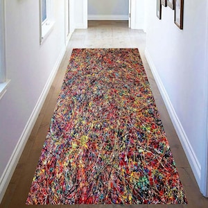 Abstract Drip Paint Runner Rug: Colorful Splatter Art Hallway Carpet, Non-Slip Machine-Washable