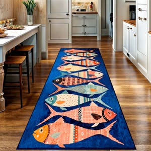Blue Fish Kitchen Runner Rug: Colorful Seafood Carpet, Machine-Washable Non-Slip