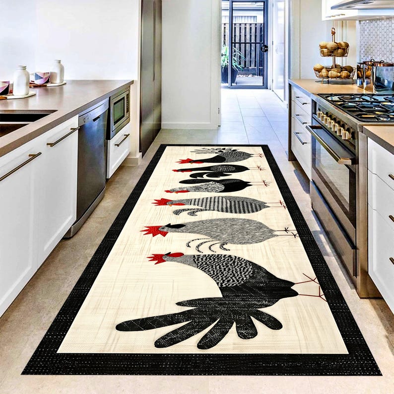 Hen Rug Farmhouse Chicken Parade Runner Rug: Rooster Hen Kitchen Carpet, Non ...