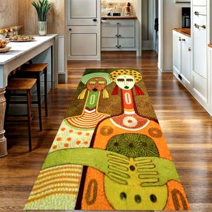 Abstract Tribal Figures Folk Art Printed Runner Rug: Colorful Modern Boho Decor, Machine-Washable Non-Slip