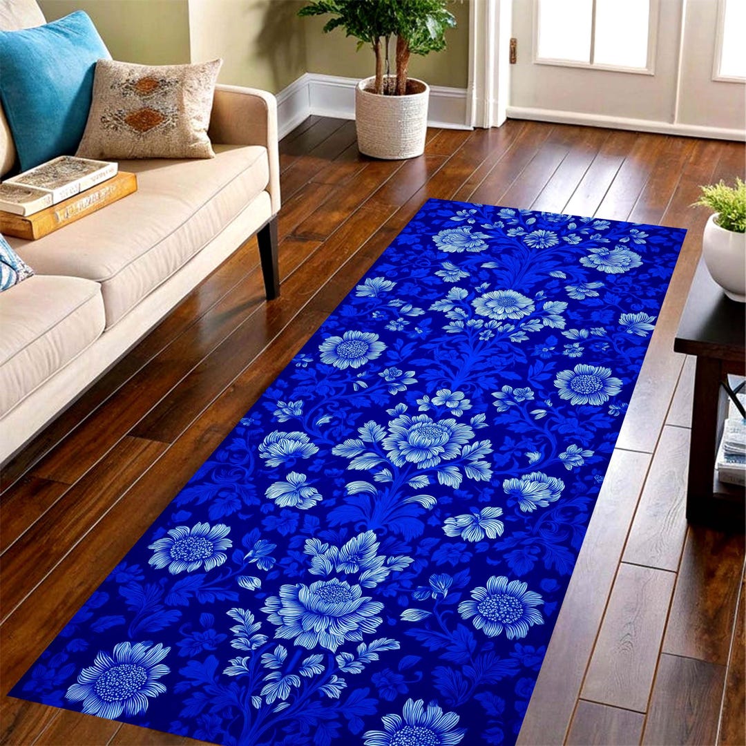 Royal Runner Rug Texture Royal Blue Floral Runner Rug: Cobalt Flower Pattern, Non-slip Machine ...