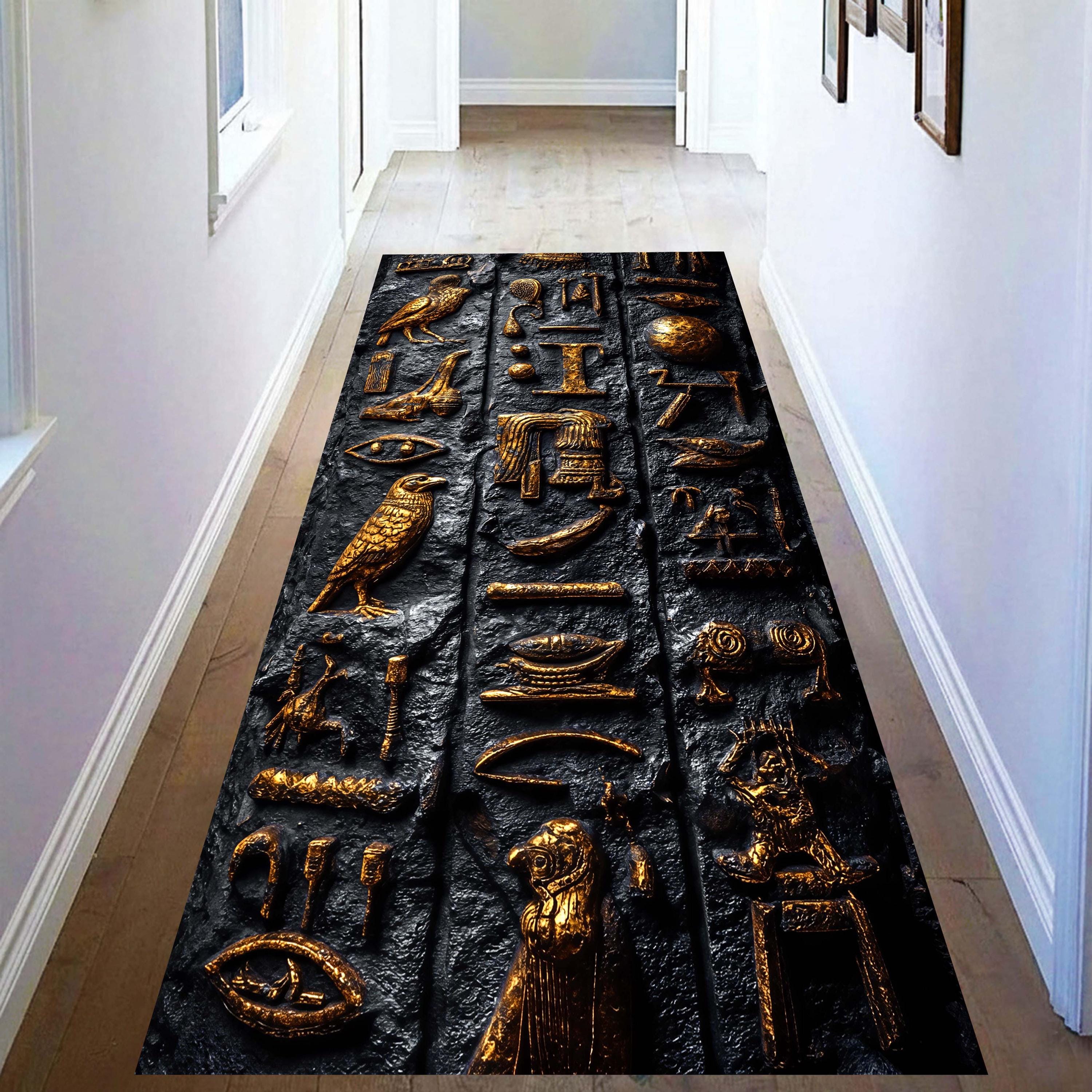 Ancient Egyptian Hieroglyph Runner Rug: Black Gold Pharaoh Hallway ...