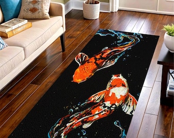 Koi Fish Runner Rug: Black Hallway Carpet, Machine-Washable Non-Slip