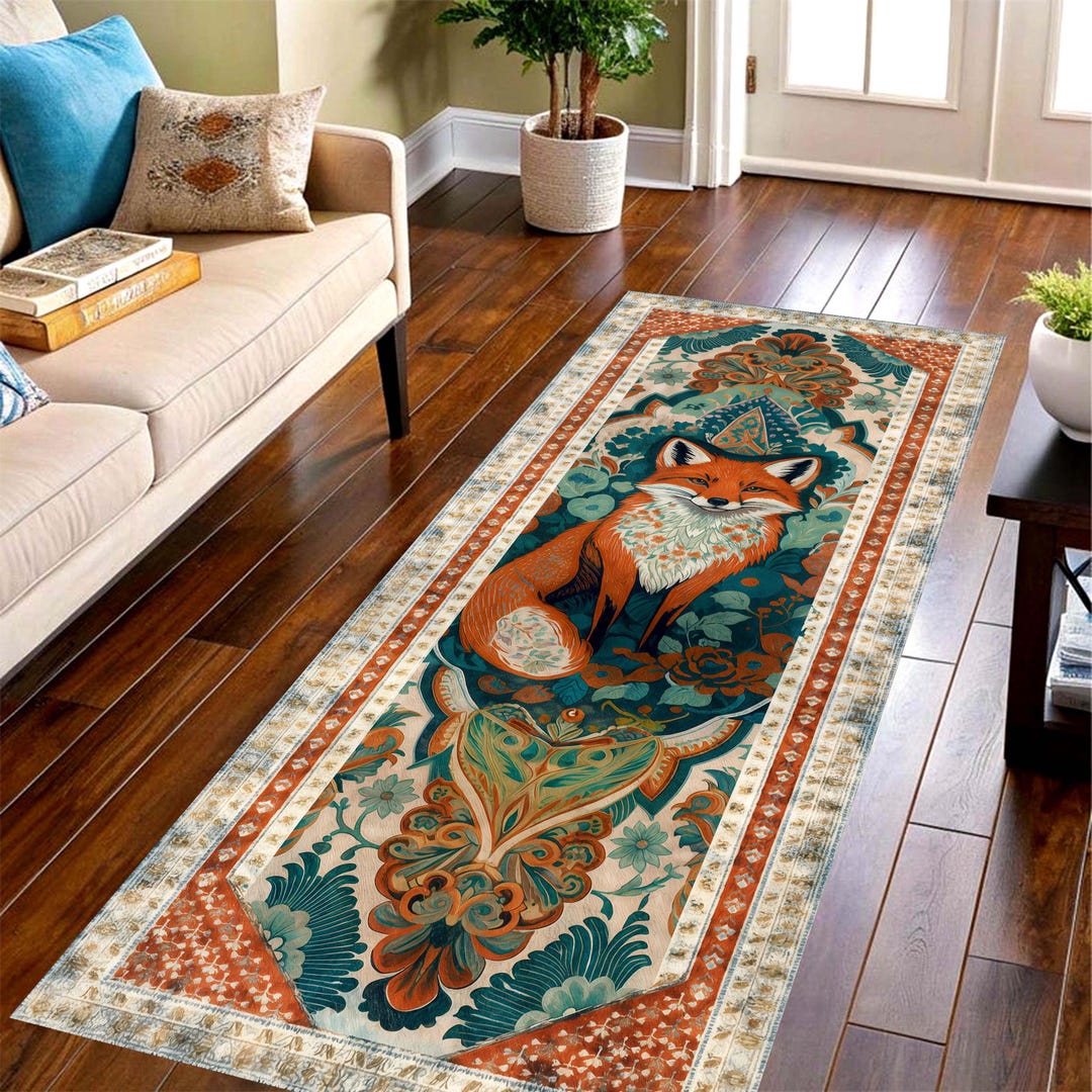 Fox Folk Art Printed Runner Rug: Boho Orange Teal Floral Carpet, Non ...