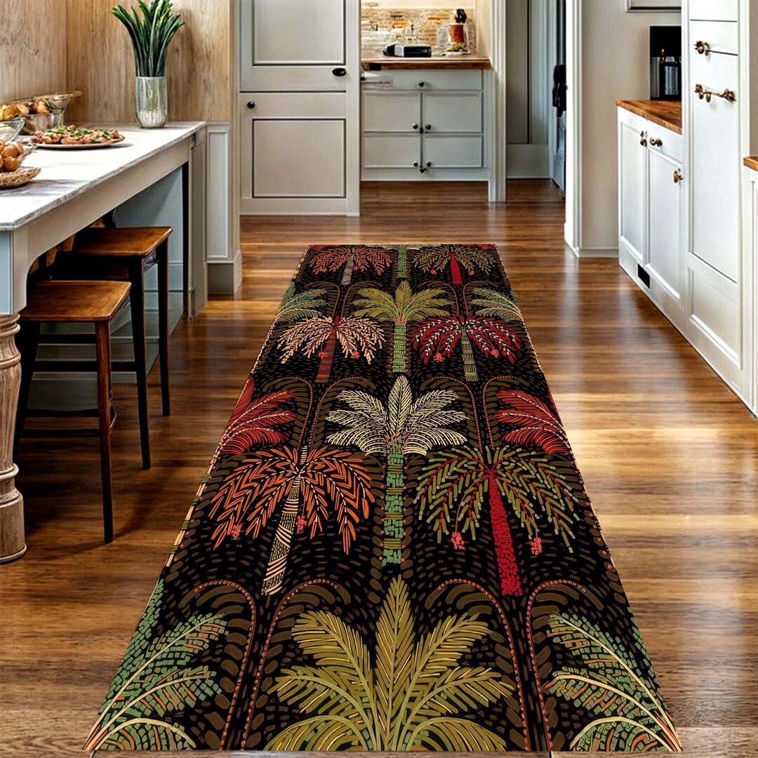 Tropical Palm Tree Long Runner Rug: Dark Boho Jungle Hallway Carpet ...