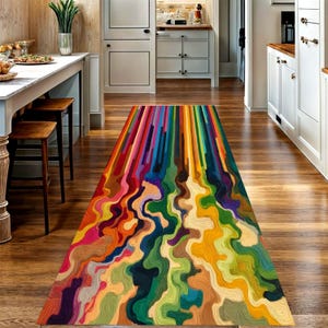 Colorful Abstract Paint Pour Printed Runner Rug: Modern Rainbow Drip Carpet, Machine-Washable Non-Slip