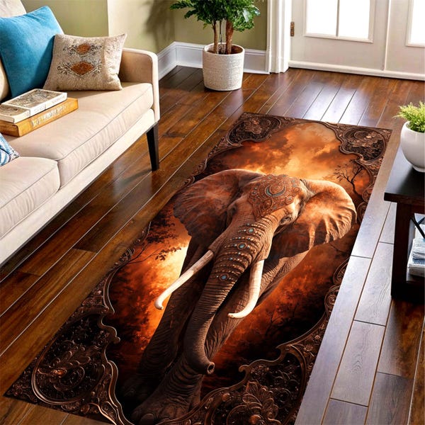 Majestic Elephant Runner Rug: Ornate Safari Hallway Carpet, Non-Slip Machine-Washable