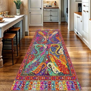 Bunter Boho Paisley Gedruckter Teppich Läufer: Folk Art Flur Teppich, Rutschfest, Maschinenwaschbar