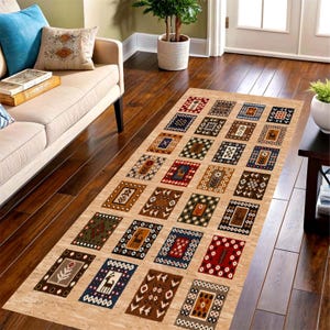 Tapis de course imprimé folk bohème : tapis de couloir beige en patchwork, antidérapant lavable en machine