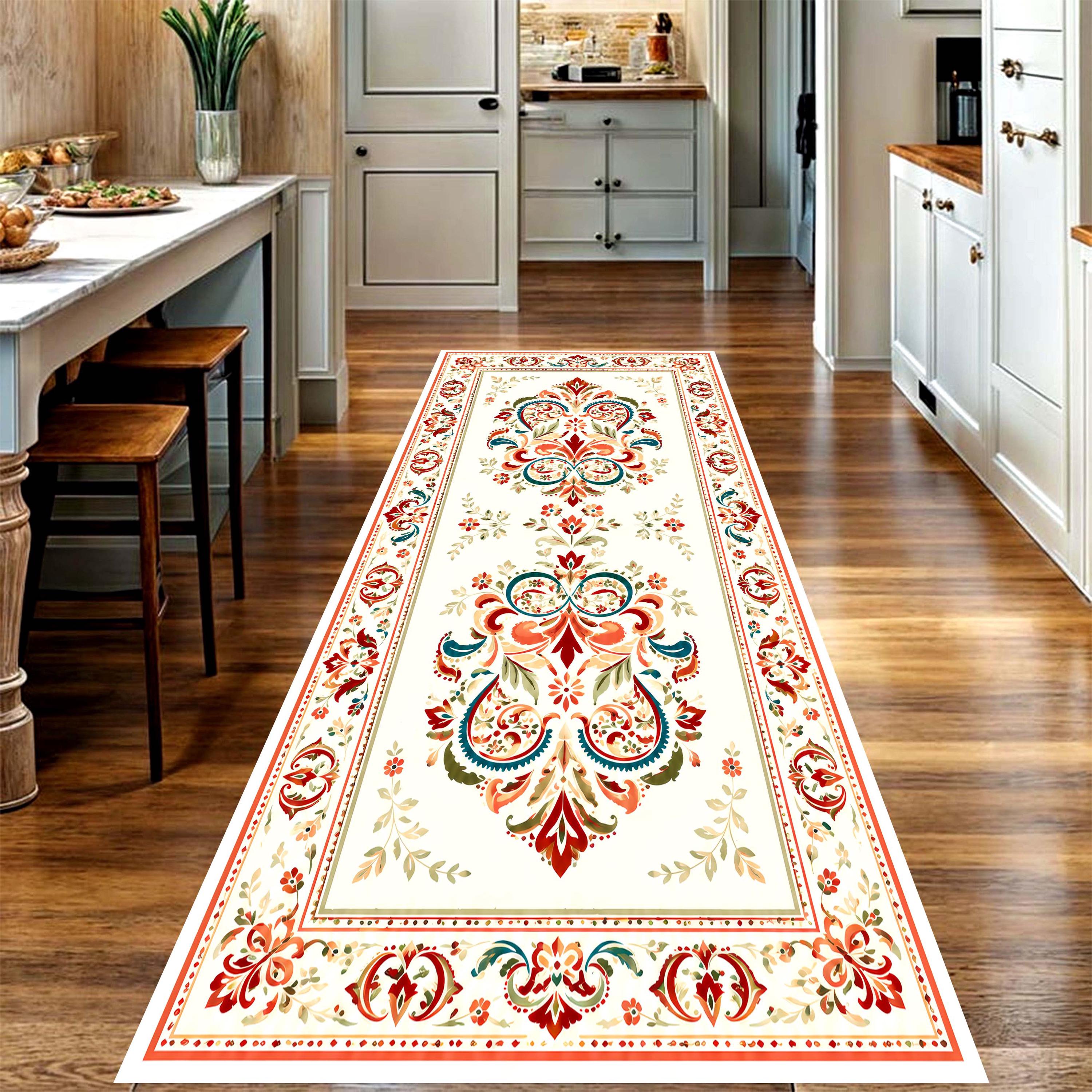 Watercolor Floral Runner Rug: Cream Vintage Folk Pattern Hallway Carpet ...