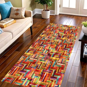 Bunter Boho Teppich Läufer: Geometrisch Regenbogen Teppich, Maschinenwaschbar rutschfest