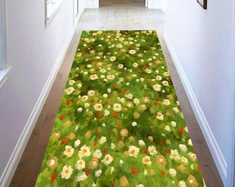 Meadow Floral Runner Rug: Green Daisy Field Hallway Carpet, Non-Slip Machine-Washable
