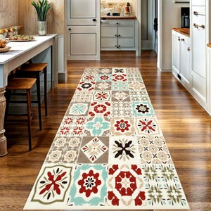 May include: A rectangular patterned rug with a repeating tile design in a hallway. The rug features squares with floral and geometric patterns in red, teal, brown, and cream colours. The rug is placed on a wooden floor.