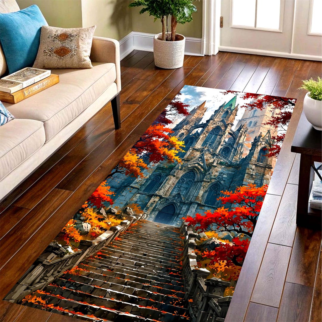 Cathedral Rug Gothic Cathedral Staircase Runner Rug: Autumn Castle Hallway Carpet ...