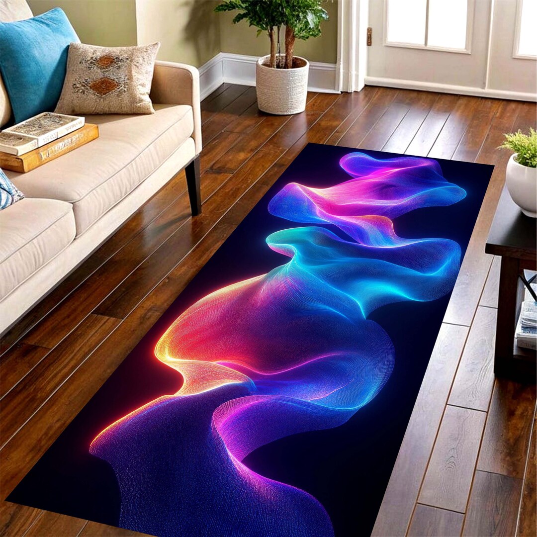 Neon Wave Runner Rug: Cosmic Gradient Art, Machine-washable Non-slip - Etsy