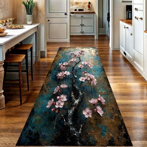 Vintage Teal Gold Sakura Blossom Runner Rug: Floral Branch Art Hallway Carpet, Non-Slip Machine-Washable