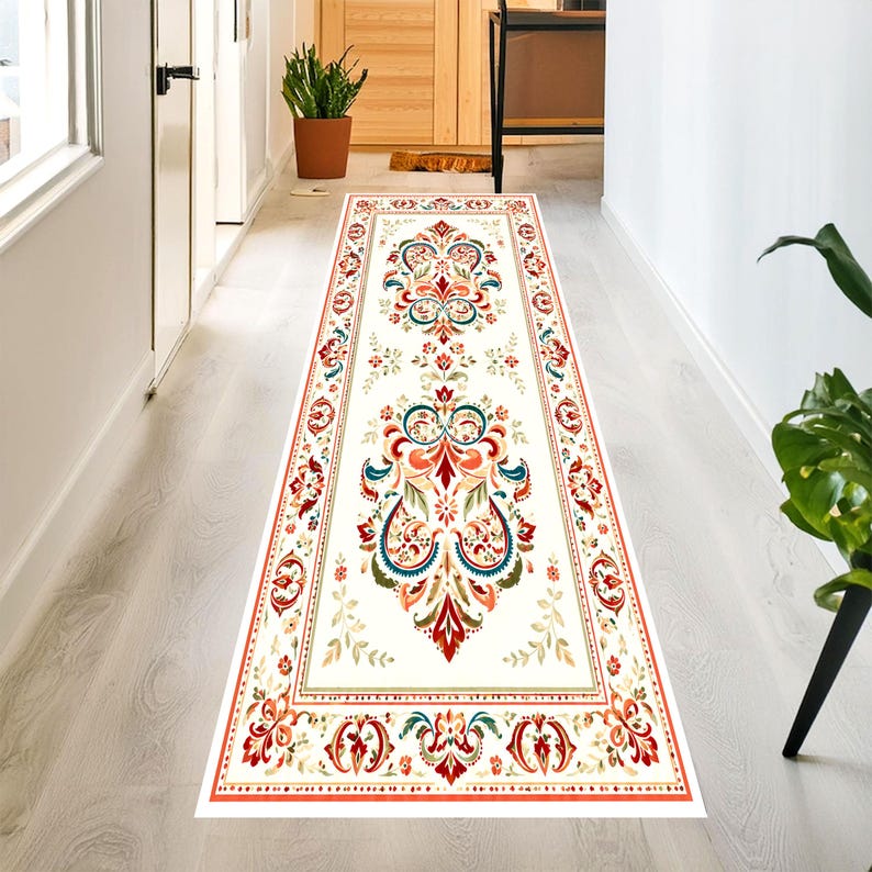 Watercolor Floral Runner Rug: Cream Vintage Folk Pattern Hallway Carpet ...