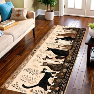 May include: A rectangular beige rug featuring a repeating pattern of stylized cats in various colors, including black, brown, and tabby. The rug has a decorative border with floral and geometric elements, suitable for a hallway or entryway.