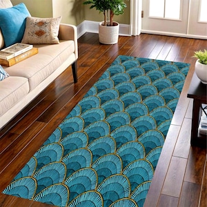 Teal Art Deco Fan Runner Rug: Long Geometric Modern Carpet, Non-Slip Machine-Washable