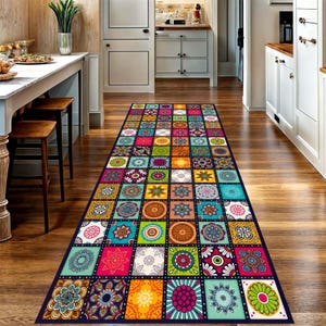 May include: A long rectangular runner rug featuring a vibrant grid pattern of multicolored square tiles. Each tile displays a unique, intricate floral or geometric mandala design in shades of red, blue, yellow, green, and purple.